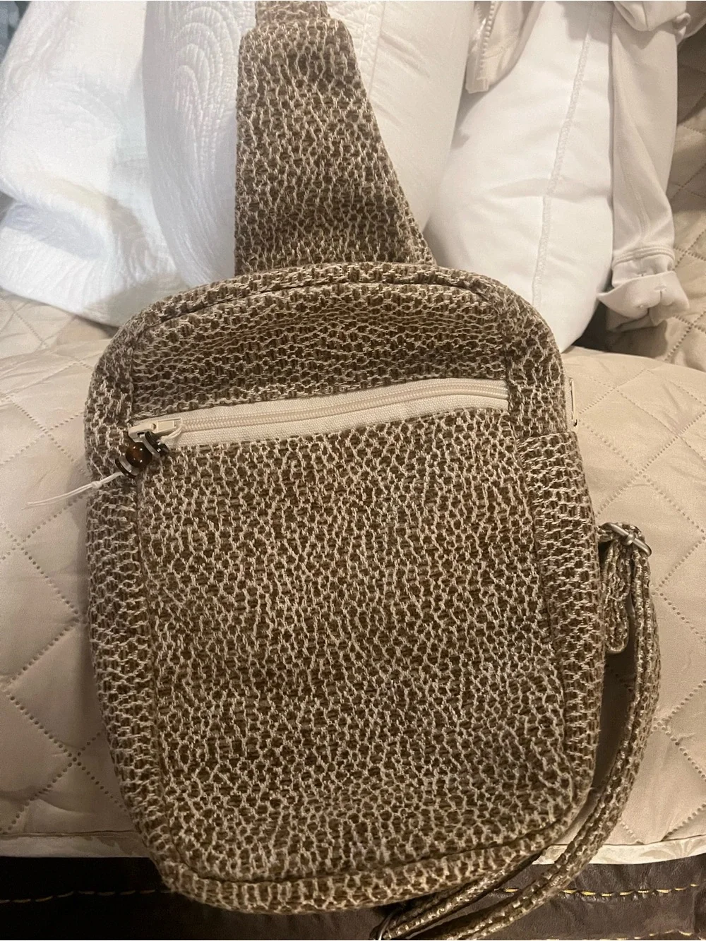 Neutral Woven Crossbody Bag - Taupe/Cream